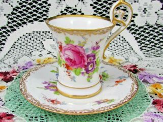 Dresden Hand Painted Floral Gold Bird Handle Demitasse Cup And Saucer