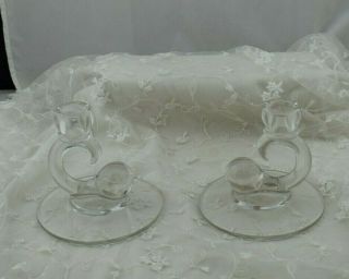 Vintage Pair Clear Glass Candlestick Holders Unusual Design