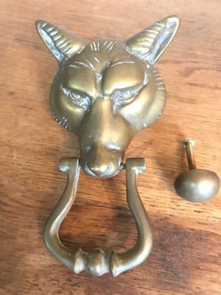 Vintage Fox Head Solid Brass Door Knocker Heavy Patina W/receiver Coyote Wolf
