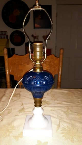 Antique Oil Kerosene Converted Table Lamp Cobalt Blue Globe With Milk Glass Base