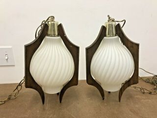 Vintage Ceiling Lamp Pair Mid Century Modern Light Fixture Hanging Swag Wood 60s