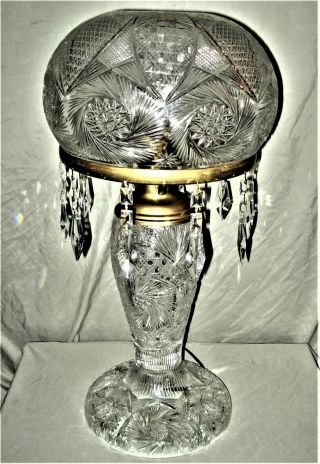 Magnificent Antique Huge Cut Glass Crystal Mushroom Shade Lamp With Prisms