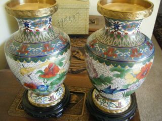 One Pair Vintage Asian Enamel Cloisonne 10.  5 Inch Tall Vases W/carved Wood Bases