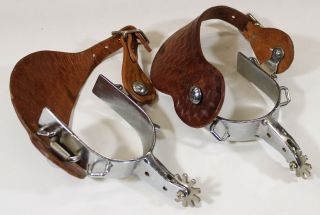 Vintage Stainless Bull Riding Cowboy Spurs With Heavy Duty Tooled Leather Straps