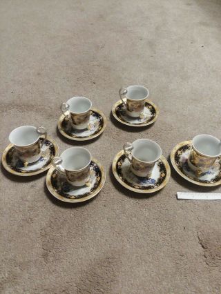 Vintage Set Of 6 Miniature Tea Cup Black Gold Peacock Decoration Made In China