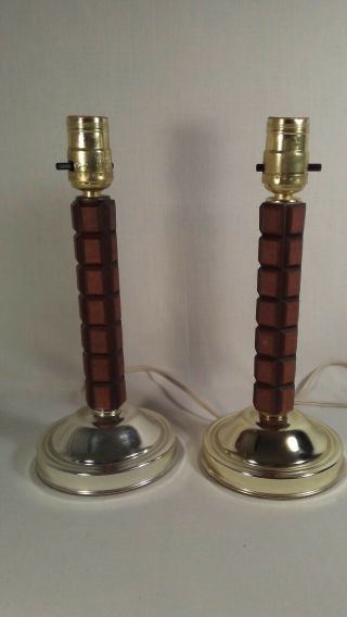 Rare Vtg Mcm Pair Mid Century Modern Carved Wood Brass Table Boudoir Lamps Cubes