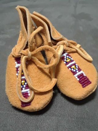 Hand Crafted Beaded Tan Buckskin Native American Baby Moccasins