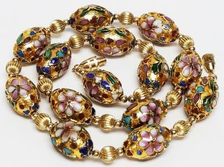 Vintage Chinese Export Gold Multi Color Floral Cloisonne Enamel Necklace 17 3/4 "