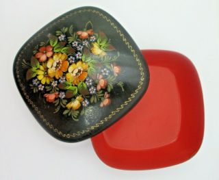 Vintage Hand Painted Flowers Tin Metal Trinket Box Jewelry Box Black And Red