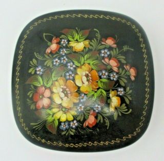 Vintage Hand Painted Flowers Tin Metal Trinket Box Jewelry Box Black and Red 2