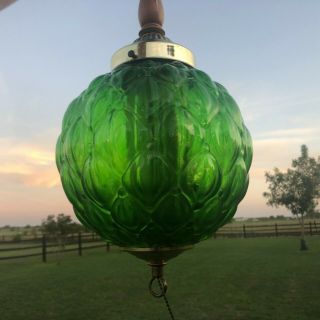Vintage Green Glass Globe Hanging Chain Swag Lamp / Mid Century Modern Light