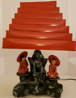 Vintage 1958 Silvestri Bros Mid Century Asian Figural Table Lamp W/ Funky Shade