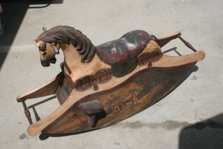 Vintage Sculpted Wooden Rocking Horse Heavily Carved & Decorated