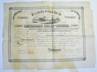 1863/64 Confederate States Of America Certificate Of Stock 1307 Anderson $1100