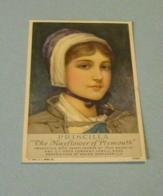 1921 Priscilla The Mayflower of Plymouth Hoods Sarsaparilla Victorian Trade Card 3