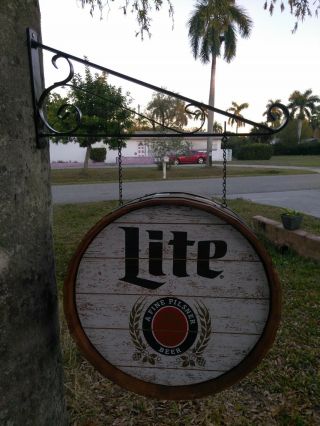 Miller Light Wooden Barrel Double Sided Hanging Pub Bar Sign