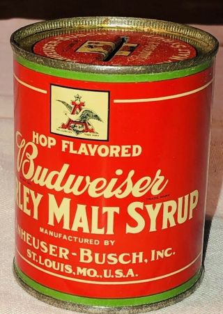 Rare Vintage C.  1920s Budweiser Malt Syrup Prohibition Era Beer Tin Bank Nos