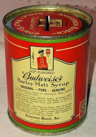 Rare Vintage c.  1920s Budweiser Malt Syrup Prohibition Era Beer Tin Bank Nos 3