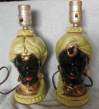 Vintage Chalkware Blackamoor Lamp Nubian Pair 12 