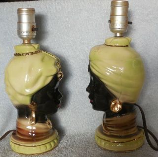Vintage Chalkware Blackamoor Lamp Nubian Pair 12 