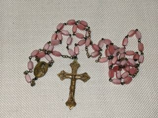 Vintage Antique Rosary Pink Quality Beads Brass Cross Item 602