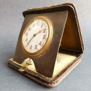 Antique Swiss Travel Clock 1900s Leather Clad Folding Case