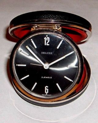 Vtg.  Germany Deluxe 2 Jewels Black Face Travel Alarm Clock Winding Euc