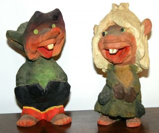 Vintage Henning Hand Carved Wood Troll Couple Figurines Pair - Norway -