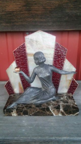 Art Deco Lady Lamp Tiffany Style Stained Glass Shade Figural Spelter Girl Statue