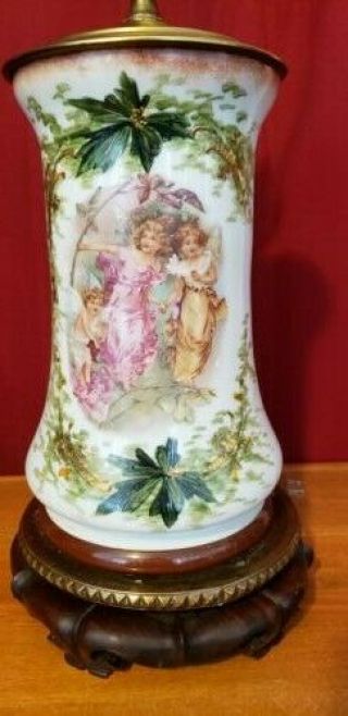 Vintage Hand Painted Glass Table Lamp Frolicking Fairies Trimmed In Gold