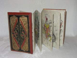 Asian Folding Accordion Book Vintage Hand Made Art Drawings Wood Covers Chinese