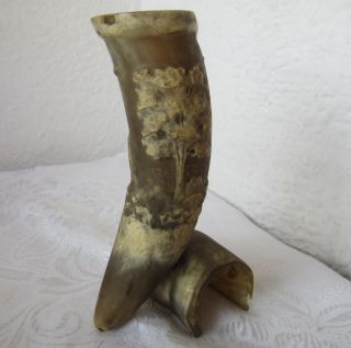 6 " Antique Vintage Hand Carved Cow Bone Horn Vase,  Sea Seagull Boat Yacht Tree