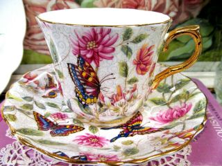 Old Royal Tea Cup And Saucer Chintz Floral Butterfly Design Teacup England 1940 