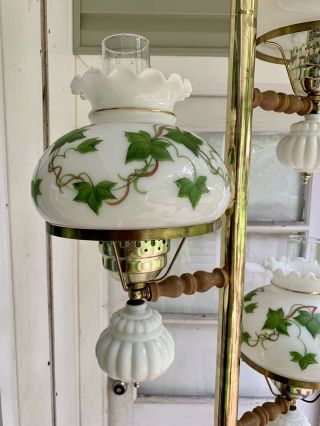 Vintage Tension Pole Lamp 3 Light Glass Hurricane Mid Century Milk Glass Ivy 3