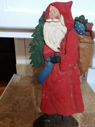 Vintage Hand Carved Painted Wood Old World Santa Claus Folk Art 15 " Wall Plaque