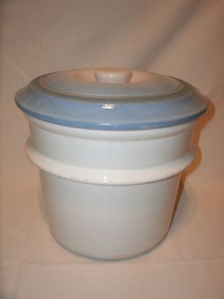 1 1/2 Gallon White Hall Stoneware Crock With Blue Lid Vintage