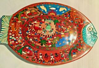 Vintage Mexican Folk Art Terracotta Pottery Fish Story Plate Platter 14”