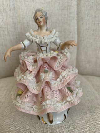 Antique Dresden Germany Lady Dancing Pink Lace Porcelain Figurine 5.  5” High.