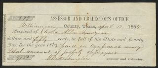 1864 Williamson County,  Texas Tax Receipt – Payable In Confederate Money