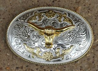 Large 6 " Western Belt Buckle Longhorn Bull,  Steer,  Cow - Rodeo,  Cowboy