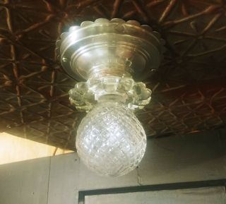 Vintage Art Deco Metal & Glass Flush Mount Ceiling Light Fixture Hallway Close 2