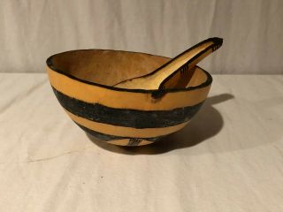 Vintage African Tribal Handmade Folk Art Primitive Carved Gourd Bowl & Ladle Set