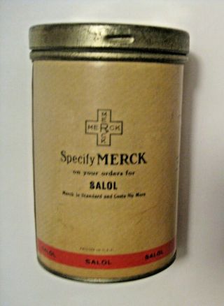 Vintage Merck Medical Medicine Advertising Salol Empty Paper Label Tin