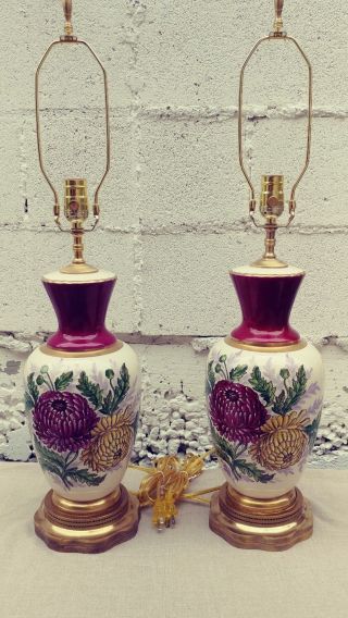 Antique Vintage Mid Cent Pair Porcelain Ceramic Hand Painted Mums Floral Lamps