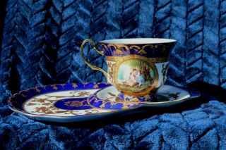 Vintage Sovereign Fine China Tea Cup And Saucer Snack Plate Blue & Gold Guild