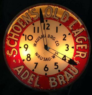 Vintage Pam Schoen’s Old Lager Advertising Clock Wausau Wi.  Motor And & Lights