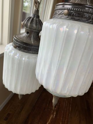 Vtg Mid Century Double Swag Hanging Ceiling Light/lamp Iridescent Glass Ef& Ef