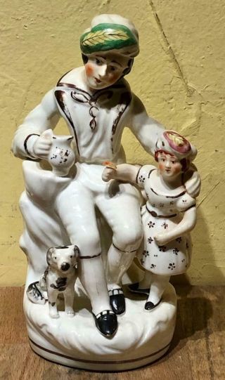 Antique Staffordshire Porcelain Figurine,  Man With Girl & Dog,  C.  1850