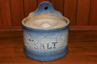 Antique Hanging Salt Glazed Blue Salt Crock Primitive Stoneware