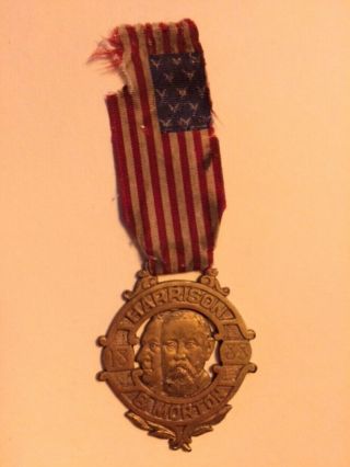 Vtg 1888 Benjamin Harrison & Levi Morton Election Campaign Flag Medal Badge